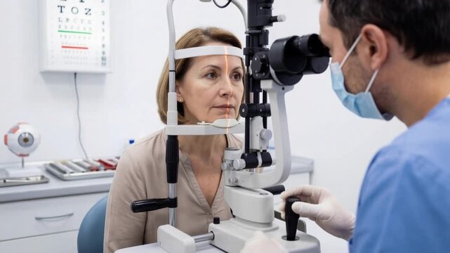 Ophthalmologist examining middle aged woman eyes with a slit lamp