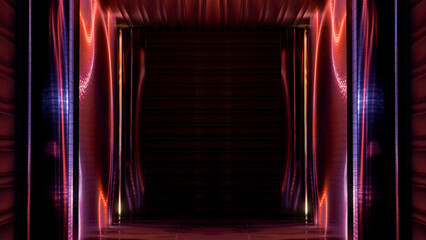 Abstract neon corridor, tunnel, rays, light effect. 3D rendering