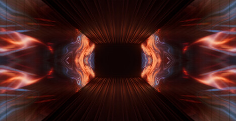 Abstract neon corridor, tunnel, rays, light effect. 3D rendering