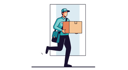 Delivery Man Running with Cardboard Box and Shoulder Bag