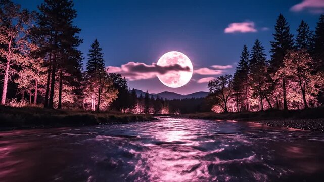 Full moon rising over a serene river in the forest at night