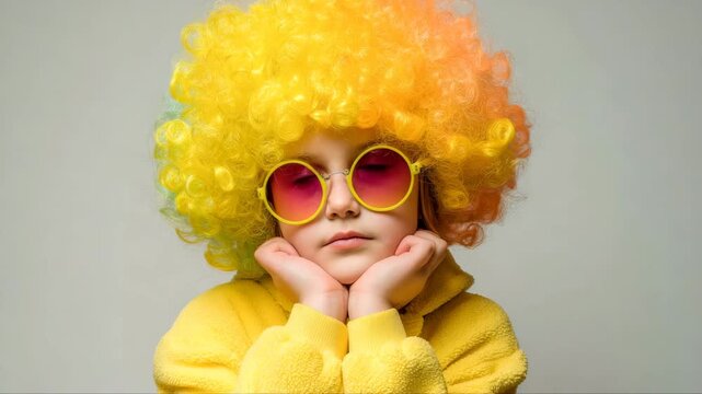 Child with vibrant yellow curly wig and round sunglasses poses thoughtfully in a bright yellow outfit, showcasing playful expression and colorful attire in a neutral background