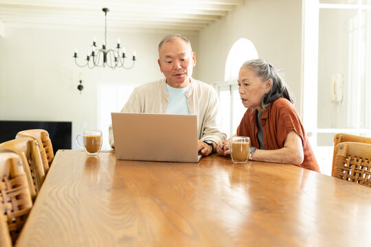 Senior Asian couple sitting at long wooden table at home using laptop with glass mugs nearby
