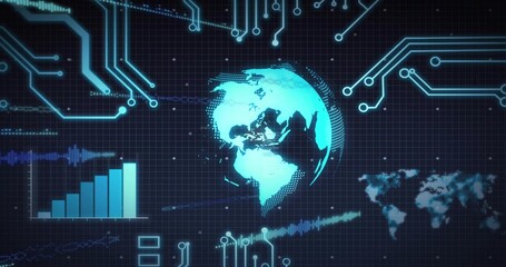 Displaying holographic globe rotating at center on dark grid with circuit traces and bar chart