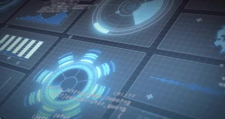 Fotobehang Buffet Rotating radial gauge updating readings on virtual dashboard, showing radar sweep, bar chart, code  © vectorfusionart
