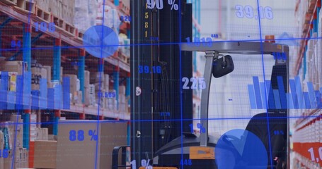Displaying sit-down forklift occupying center aisle in warehouse, showing analytics overlay, boxes