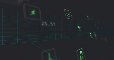Floating clear UI tiles and converging teal grid in virtual corridor, showing green icons