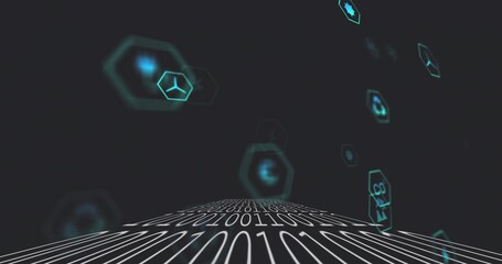 Naklejka premium Glowing pathway lined with binary 0s 1s receding toward horizon in cyberspace, with cyan holograms