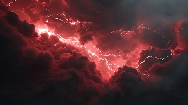 Intense Red Storm Clouds and Bright Lightning Strikes Dramatic Weather