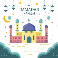 Fototapeta premium Ramadan Kareem mosque greeting card with lanterns and crescent moon.