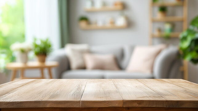 Empty wooden table top with blurred view of modern living room with sofa and soft bench, defocused room interior with couch armchair and coffee table or shelving units, stylish com