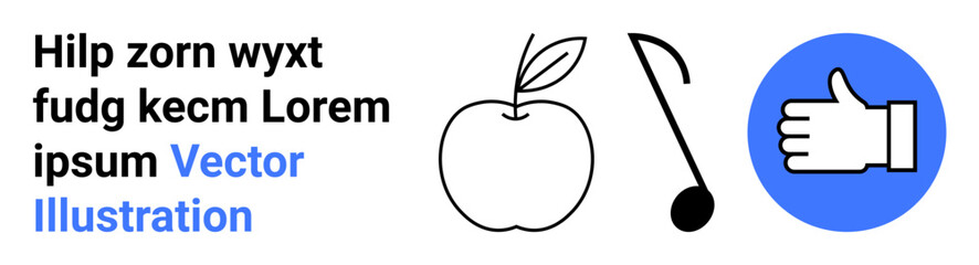 Obraz premium Creativity, education, communication, minimalism, learning, modern graphic design. Black apple, musical note and thumbs up icons with bold lines. Creativity and education theme concept