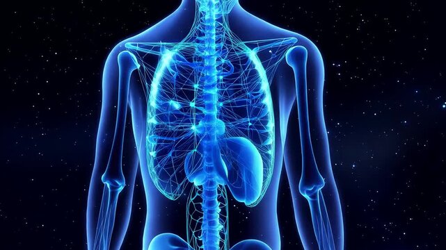 A glowing blue human skeleton stands against a starry night sky, showcasing anatomy