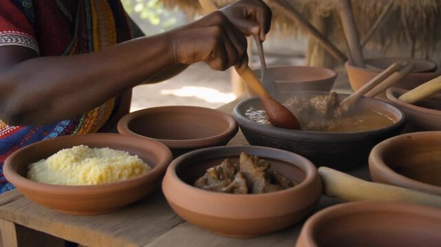 African woman serving traditional food with meat and vegetables in clay pots on a wooden table outside