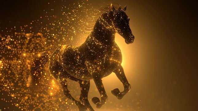 golden background, a golden horse made of shimmering light spots and particles of different sizes, glowing dots forming the silhouette of a running horse, sparkling particle cluster, luminous bokeh ef
