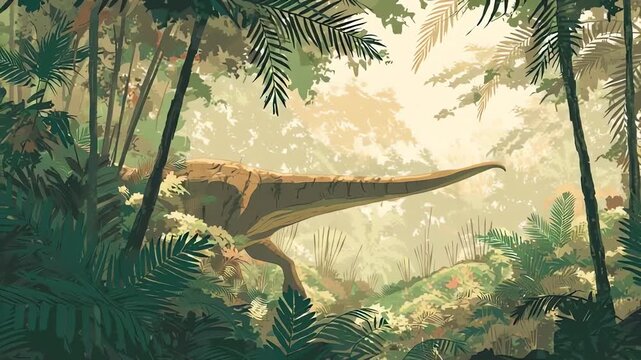 Sauropod Dinosaur Walking Through Prehistoric Jungle Stylized Graphics