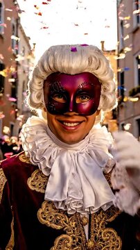 Man in historical costume and mask with confetti falling. Happy carnival celebration with person in period outfit. vertical video format