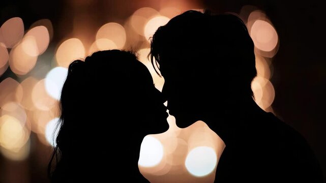 A silhouette of a loving couple standing against a bright bokeh background. The girl and guy are kissing and expressing their feelings. The concept of Valentine's Day, dating, teenage relationships