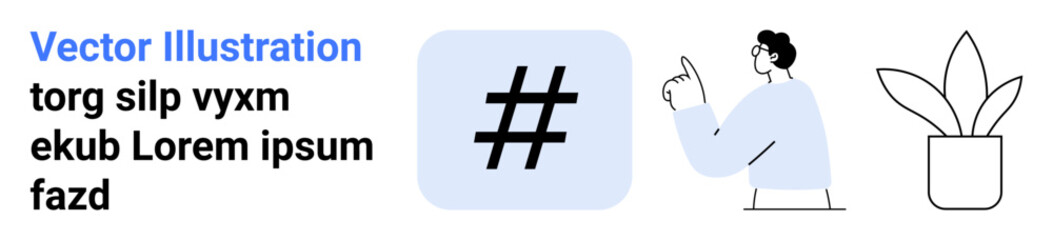 Fototapeta premium Blue metadata tag in square frame, man pointing upward, and potted plant. Ideal for branding, social media, modern art, communication, blogging, creativity simple landing page
