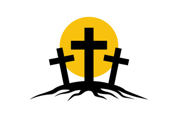 Obraz premium Three crosses on a hill against a bright sun, symbolizing faith and hope
