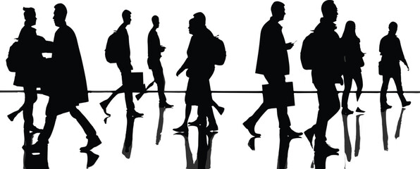 Obraz premium Set of business people silhouettes in black showing walking commuters and professionals for corporate illustration, urban lifestyle graphics, and vector design use
