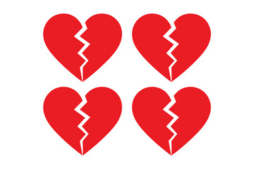 Four broken red hearts on a white background symbolizing love and heartbreak