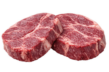 Fototapeta premium Raw beef steaks with marbling, fresh uncooked red meat cuts for grilling or cooking, transparent background