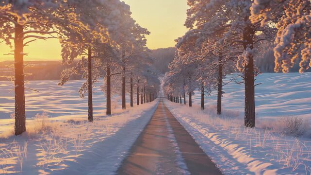 Cinematic Nature Video of Snow‑Covered Pine Road at Golden Sunset