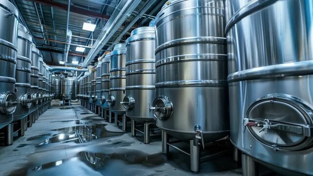 Modern production with shiny containers demonstrates industrial power, which is suitable for technical backgrounds in presentations or documentary materials.
