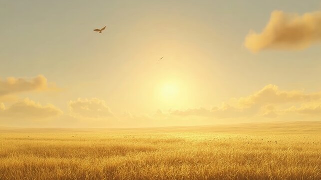Golden Wheat Field at Sunset with Birds in Flight, Warm Hues
