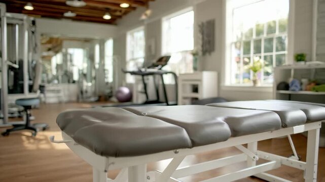 Medium shot focusing on a treatment table in a brightly lit windowed physical therapy gym with outoffocus balance apparatus and machines adding context.