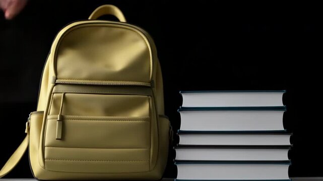 Girls' school uniforms on a hanger with books and a school backpack appearing against a black wall background.
