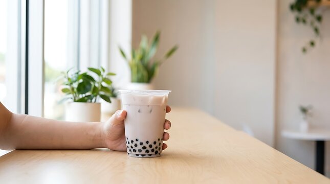 Hand holding a plastic cup of taro bubble tea with black tapioca pearls on a wooden cafe table, refreshing milk tea drink with blurred plants in background