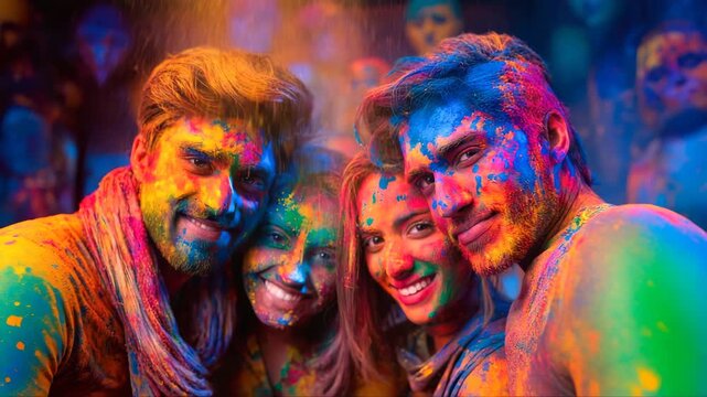 Group of young adults celebrating Holi festival with vibrant colored powders on their faces, smiling joyfully while surrounded by colorful atmosphere and festive decorations