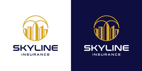 Minimalist skyline insurance logo with city buildings and monoline umbrella protection