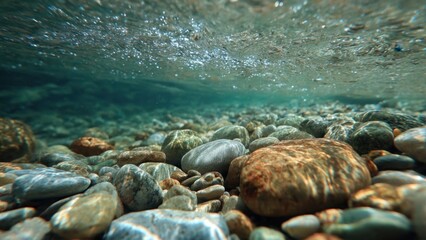 Obraz premium Underwater Riverbed with Rocks and Bubbles