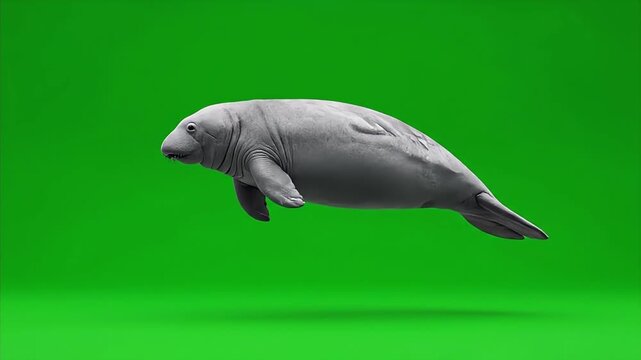 Realistic Manatee Sea Cow Swimming on Green Screen Background.