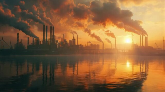 The sunset over industrial chimneys shrouded in smoke vividly illustrates the environmental crisis &mdash; a powerful backdrop for articles on environmental pollution.

