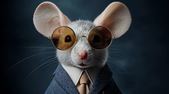 Sophisticated mouse wearing round sunglasses a tweed suit and gold tie