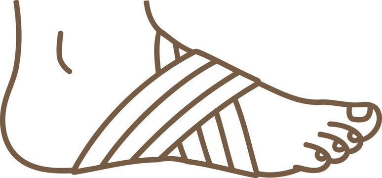 Foot wrapped with medical bandage, sprained injury or recovery from surgery. Health care concept. Brown line vector illustration