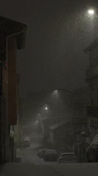 Heavy snow falls on a silent residential street in &Aacute;vila at night, covering pavements and trees, while soft street lighting adds a peaceful, wintry atmosphere to the urban landscape.