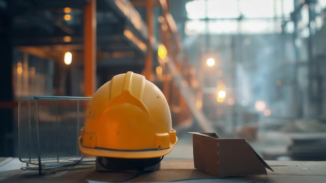 A yellow hard hat on a construction table among tools emphasises the importance of safety in the workplace &mdash; a suitable backdrop for occupational safety training materials.
