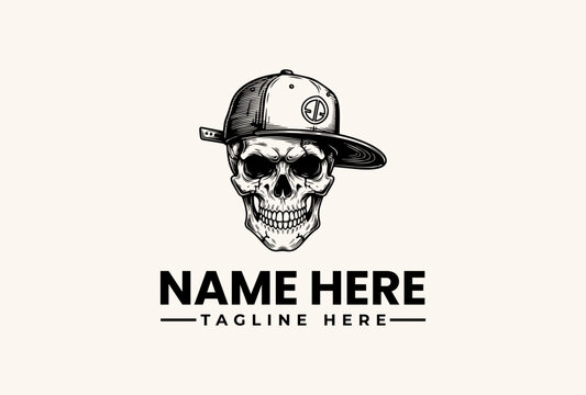 A black and white illustration of a skull wearing a baseball cap with a logo, accompanied by placeholder text for a name and tagline on a plain beige background.