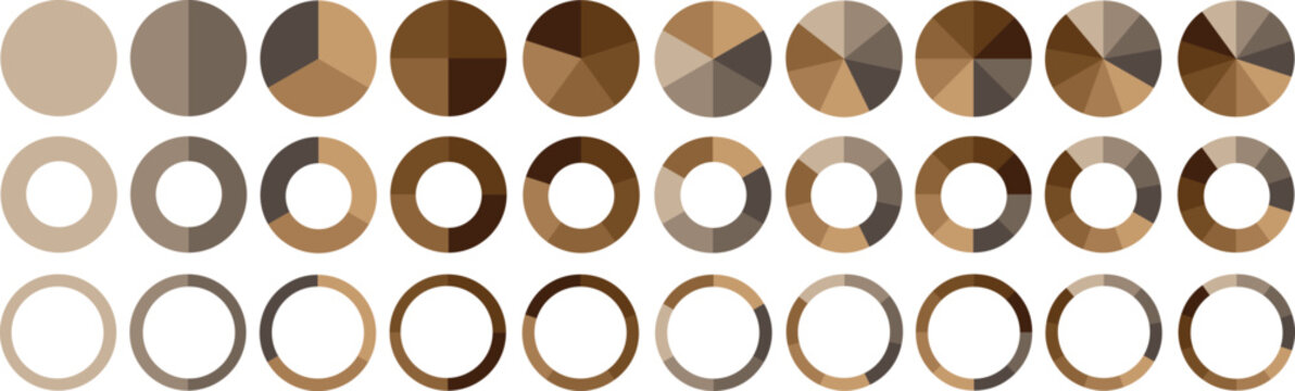 Pie charts diagrams. Set of different color circles isolated. Infographic element round shape. Collection of colorful diagrams with 1, 2, 3, 4, 5, 6, 7, 8,9,10 sections or steps. Vector illustration 
