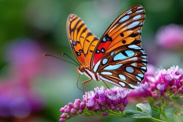 Obraz premium Vibrant Butterfly on Purple Flowers in Nature
