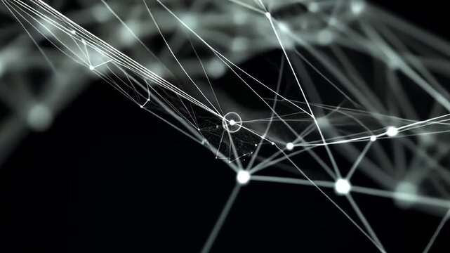 Network connections form a complex web with nodes and lines on a dark background with particles.