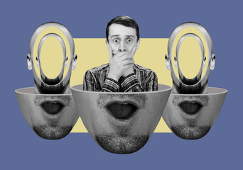 Surrealistic collage with a head of a man with a with a man covering his eyes with his hands inside	