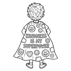 Boy with Kindness Superpower Cape, Back View, Coloring Page