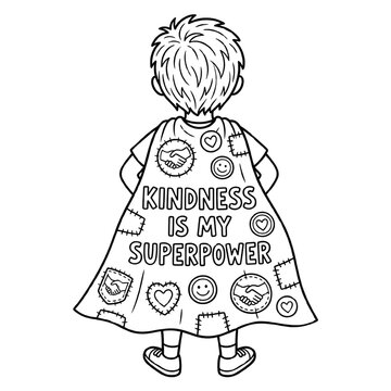 Boy with Kindness Superpower Cape, Back View, Coloring Page