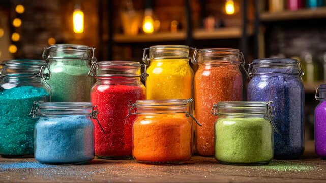 Colorful jars filled with vibrant powders arranged on a wooden table, showcasing a dynamic progression of hues and textures, ideal for festive celebrations and artistic projects